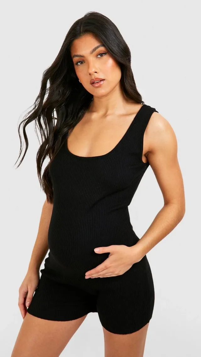 Black Maternity Scoop Neck Rib Knit Unitard