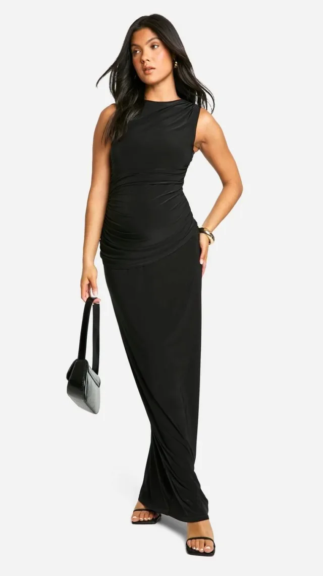 Black Maternity Slinky Boat Neck Gathered Detail Maxi Dress