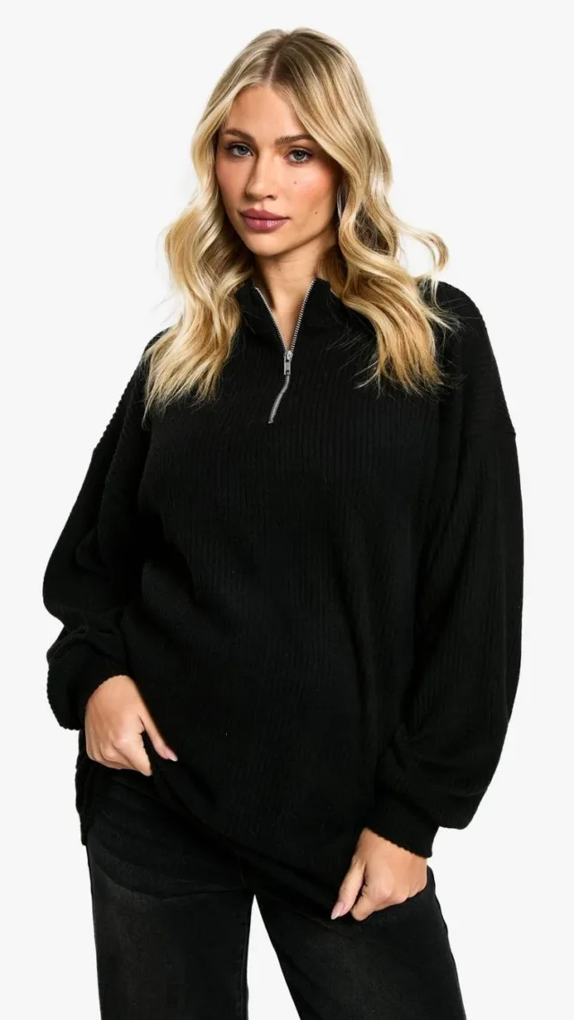 Black Maternity Soft Knit Half Zip Sweater