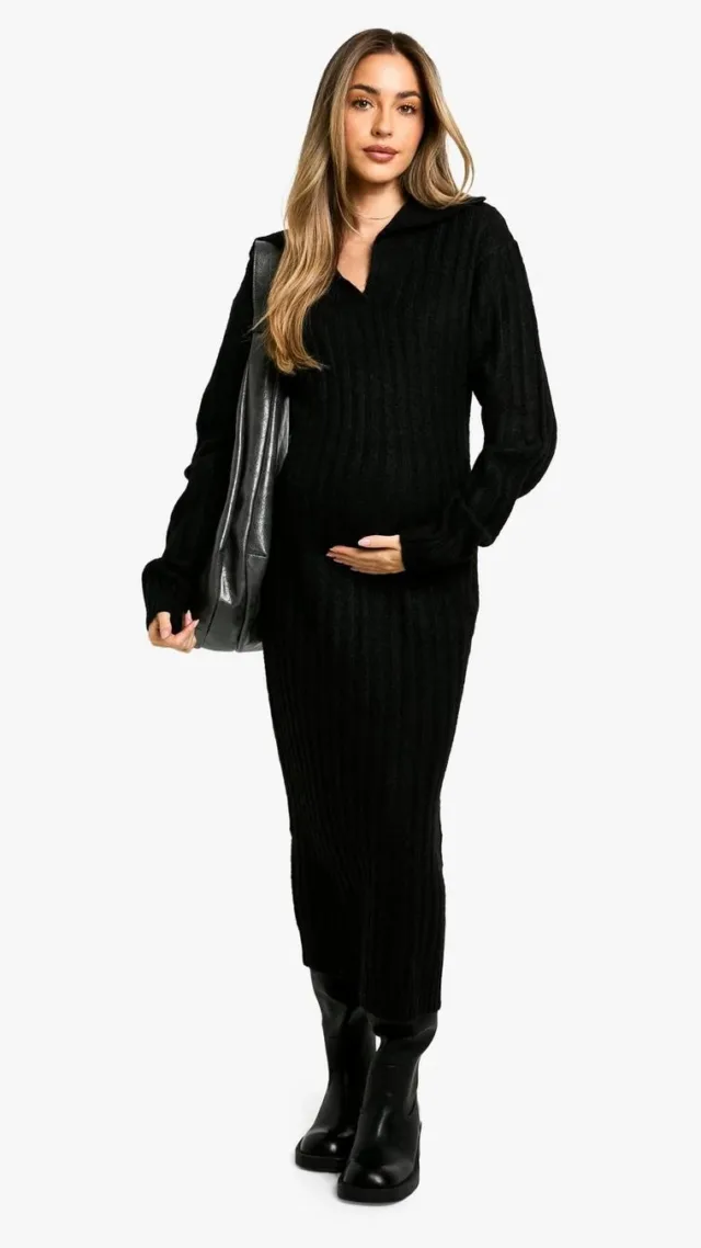 Black Maternity Soft Knit Thick Rib Collar Detail Maxi Dress