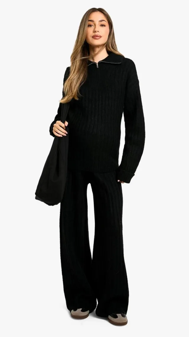 Black Maternity Soft Knit Thick Rib Zip Neck Oversized Sweater And Wide Leg Pants Set