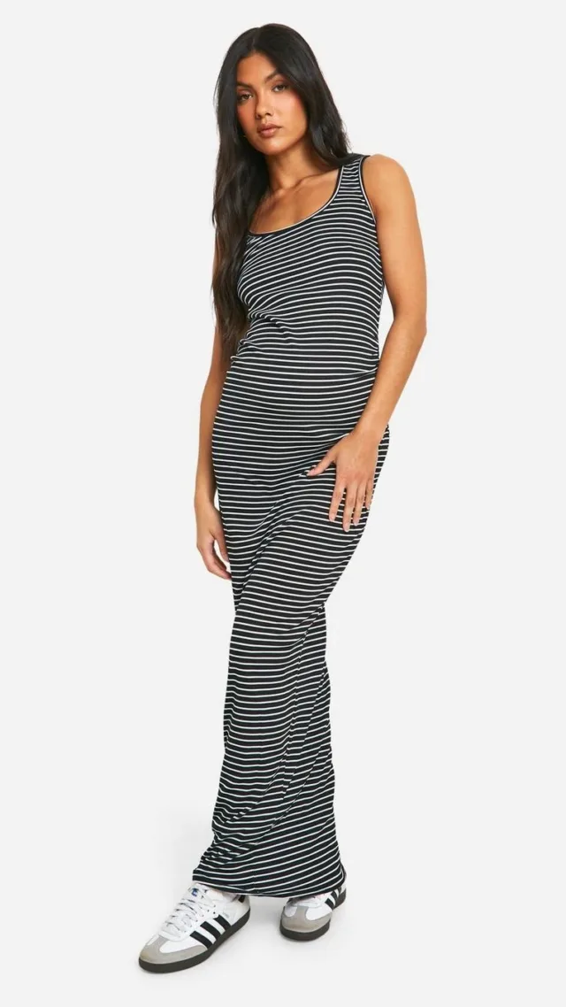 Black Maternity Stripe Ribbed Scoop Neck Maxi Dress