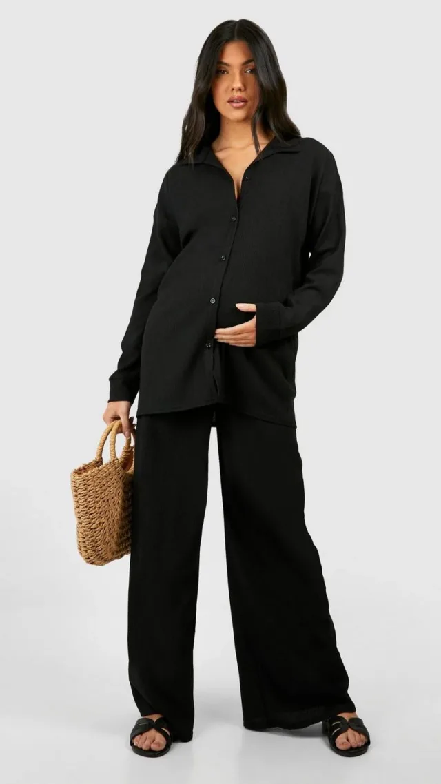 Black Maternity Wide Leg Textured Pants