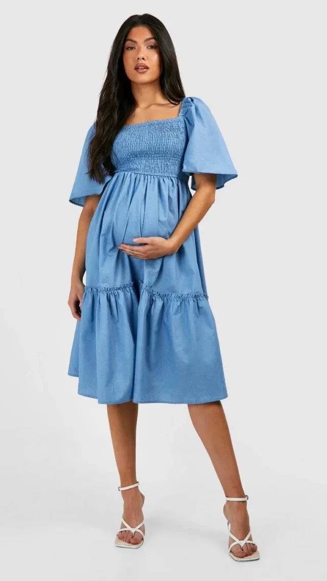 Blue Maternity Shirred Chambray Midi Smock Dress