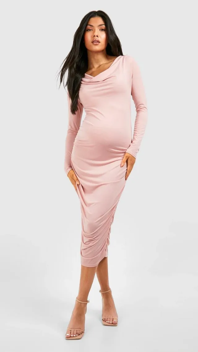 Blush Maternity Long Sleeve Slinky Cowl Neck Midi Dress