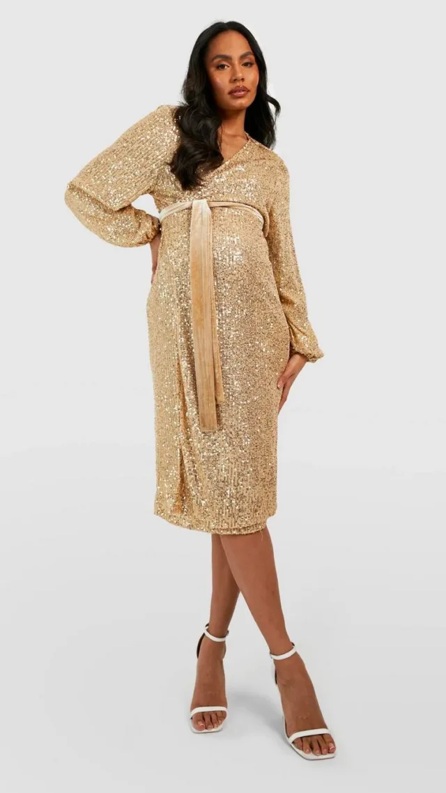 Bronze Maternity Sequin Puff Sleeve Belt Midi Dress