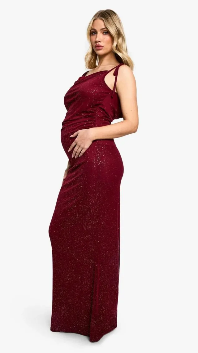 Burgundy Maternity Glitter Mesh Low Back Maxi Dress