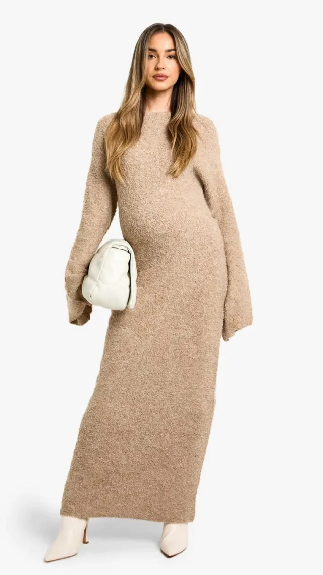 Camel Maternity Borg Flare Sleeve Knitted Maxi Dress