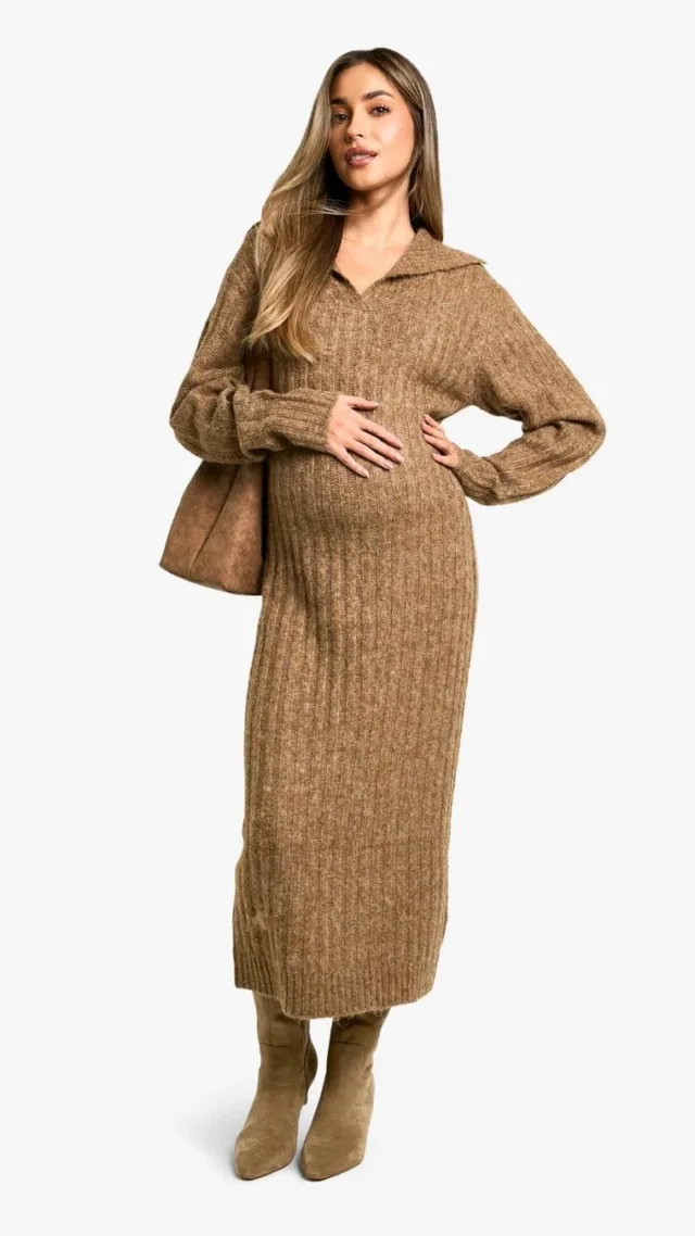 Camel Maternity Soft Knit Thick Rib Collar Detail Maxi Dress