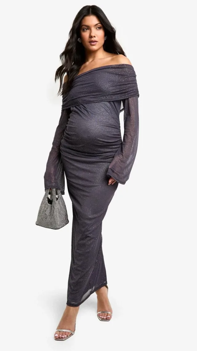 Charcoal Maternity Glitter Mesh Deep Bardot Long Sleeve Midaxi Dress