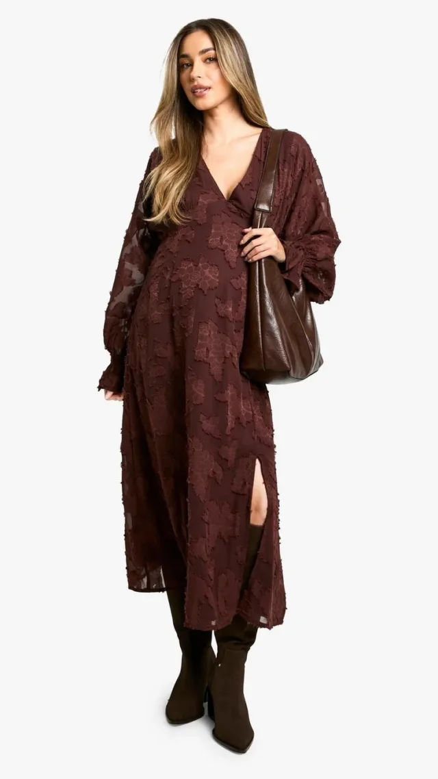 Chocolate Maternity Burn Out Long Sleeve Floaty Midi Dress