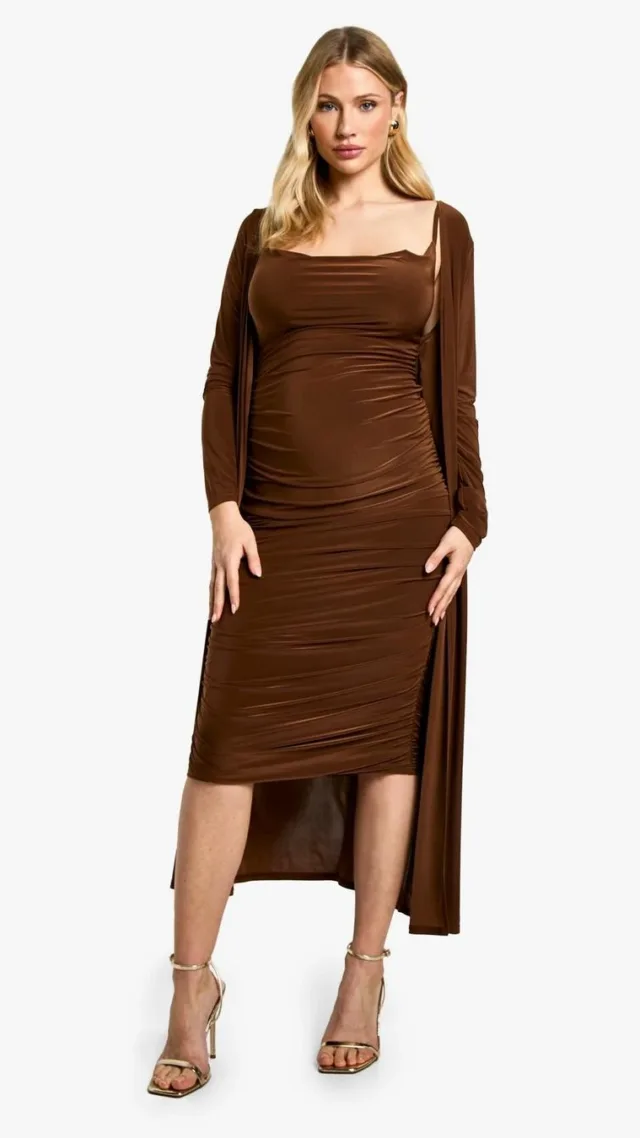 Chocolate Maternity Strappy Cowl Neck Dress And Duster Coat