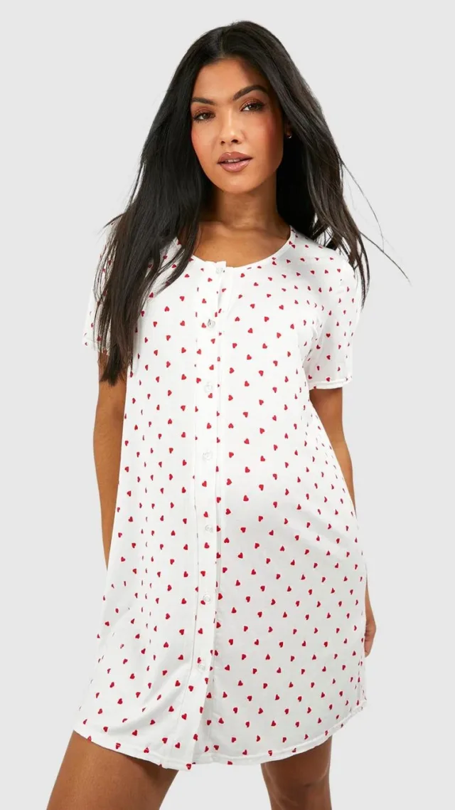 Cream Maternity Button Through Heart Print Nightgown