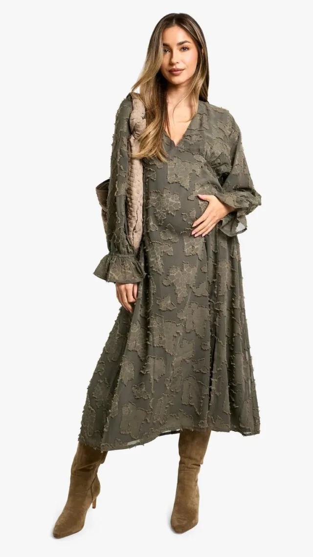 Dark Olive Maternity Burn Out Long Sleeve Floaty Midi Dress