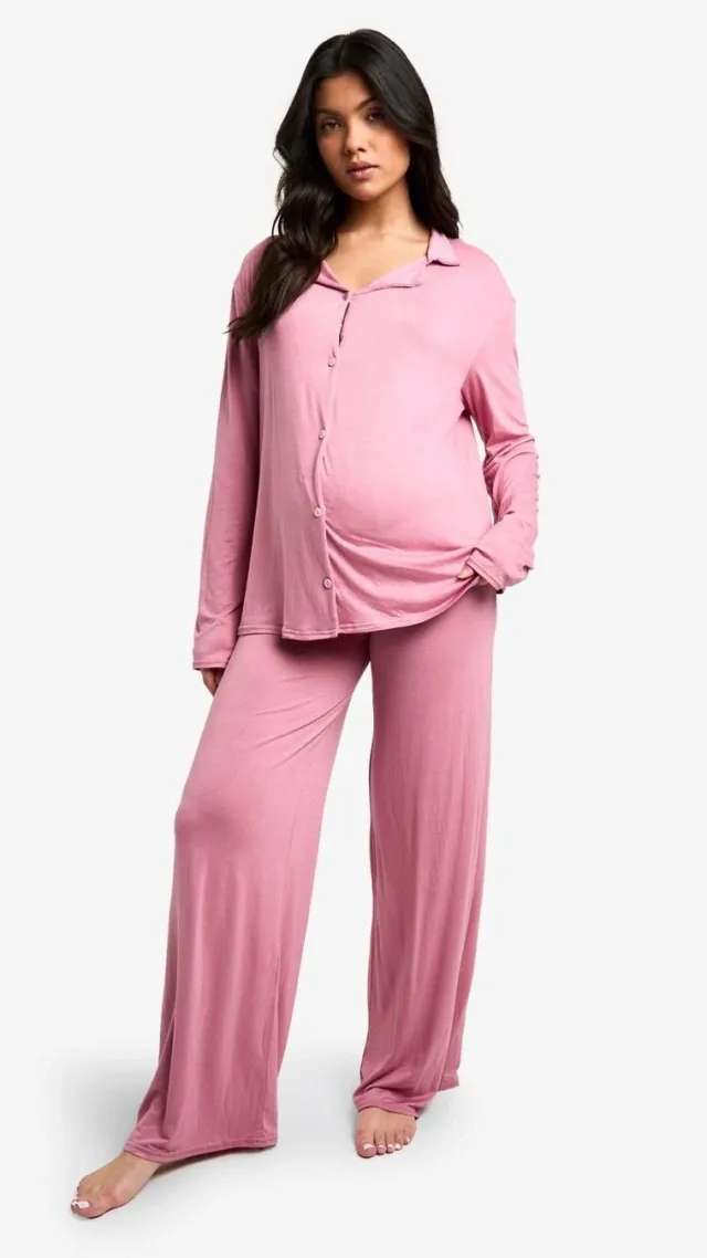 Dusty Pink Maternity Long Sleeve Shirt & Trouser Pj Set