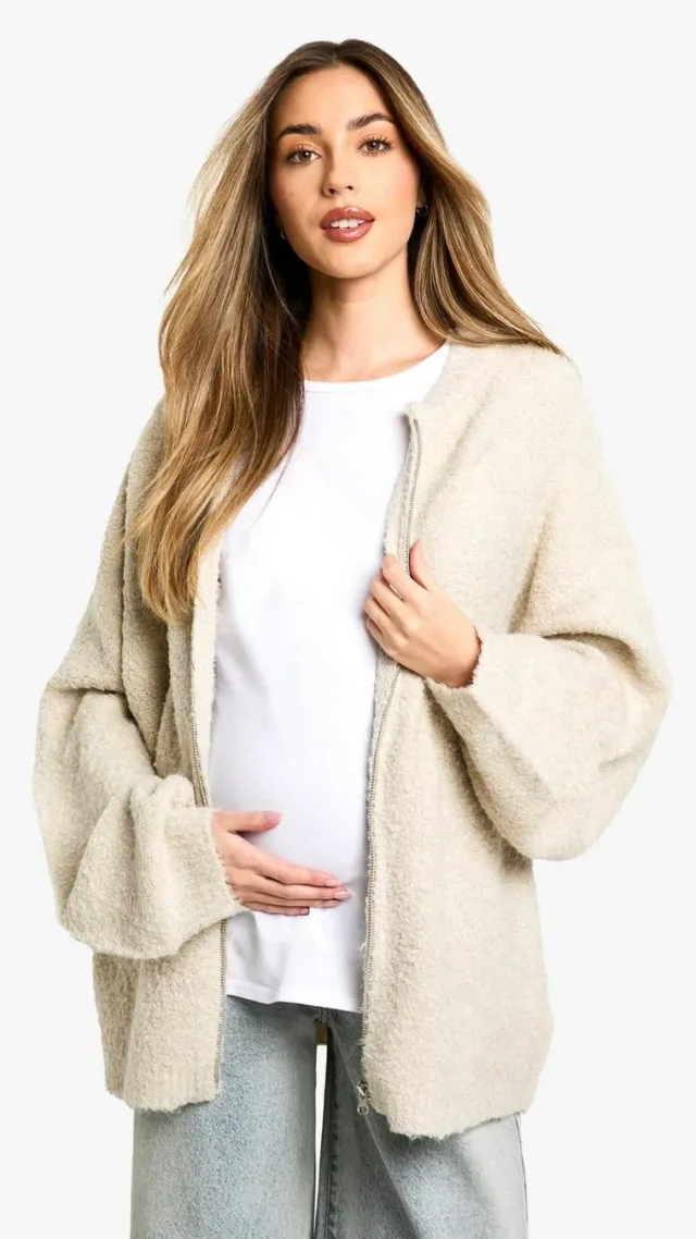 Ecru Maternity Borg Knitted Oversized Bomber Jacket