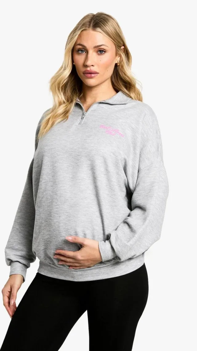 Grey Marl Maternity Cool Moms Club Slogan Half Zip Jumper