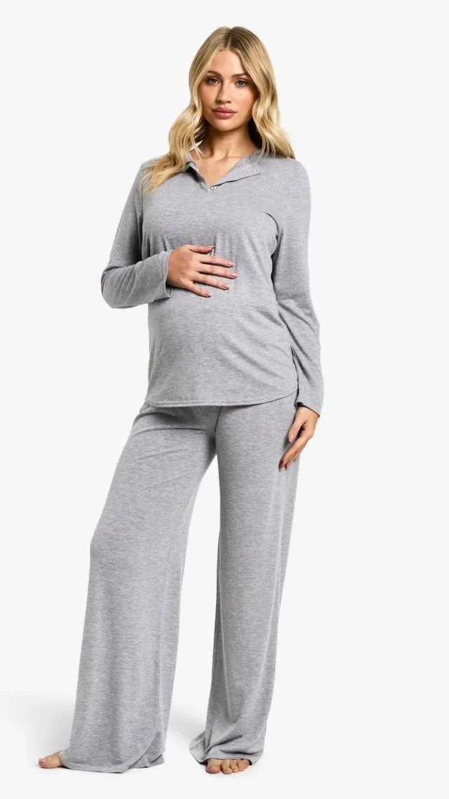 Grey Marl Maternity Long Sleeve Button Top & Wide Leg Trouser Pj Set