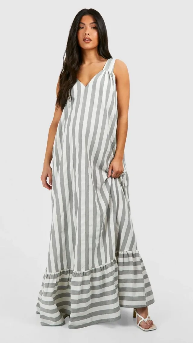 Grey Maternity Striped Poplin Sleeveless Maxi Dress