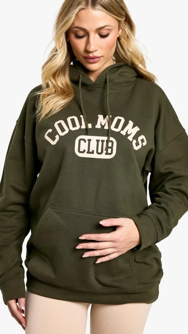 Khaki Maternity Cool Moms Club Slogan Oversized Hoodie