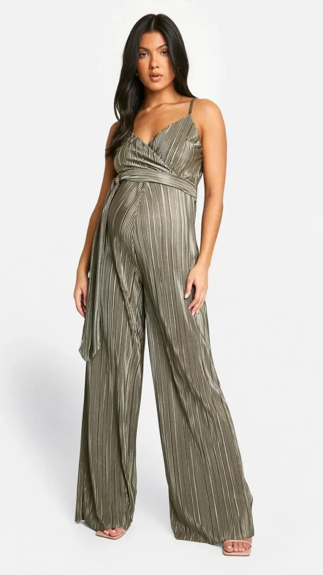 Khaki Maternity Plisse Strappy Tie Front Wide Leg Jumpsuit