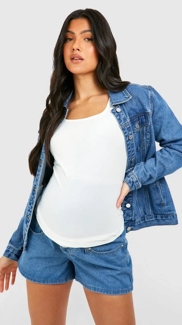 Mid Wash Maternity Over The Bump Denim Mom Short