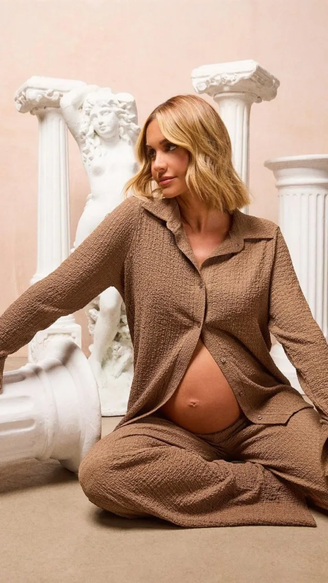 Mocha Emily Shak Maternity Textured Button Down Long Sleeve Shirt