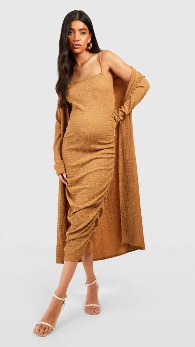 Mocha Maternity Textured Strappy Dress And Duster Coat