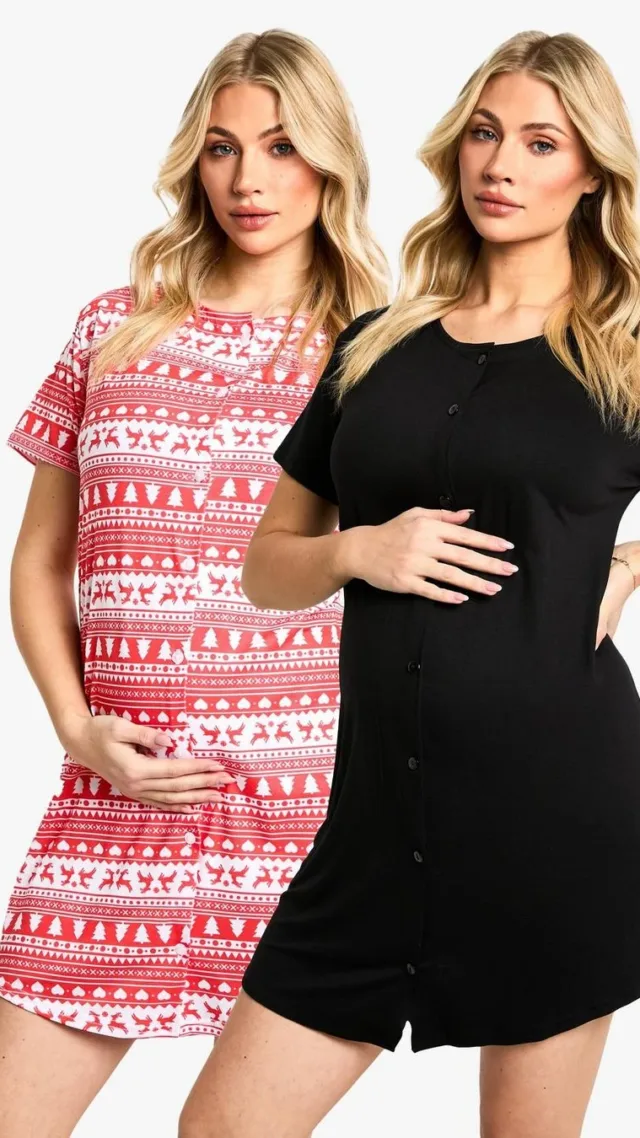 Multi Maternity Christmas Fairaisle Print 2 Pack Peached Button Down Nightgown