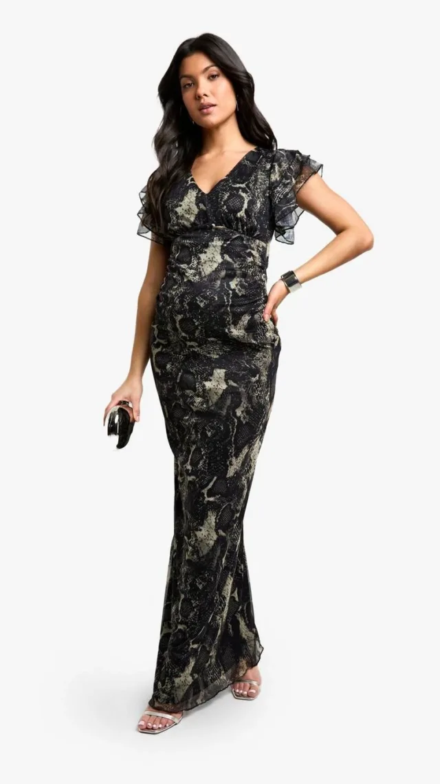 Multi Maternity Mesh Snake Print Ruffle Sleeve Plunge Maxi Dress