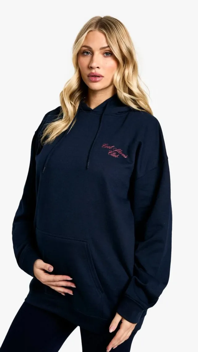 Navy Maternity Cool Moms Club Slogan Oversized Hoodie