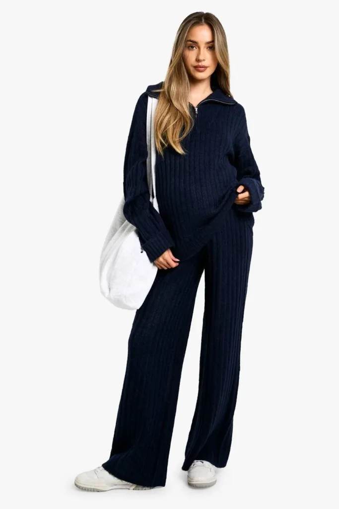 Navy Maternity Soft Knit Thick Rib Zip Neck Oversized Sweater And Wide Leg Pants Set