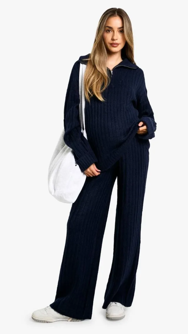 Navy Maternity Soft Knit Thick Rib Zip Neck Oversized Sweater And Wide Leg Pants Set