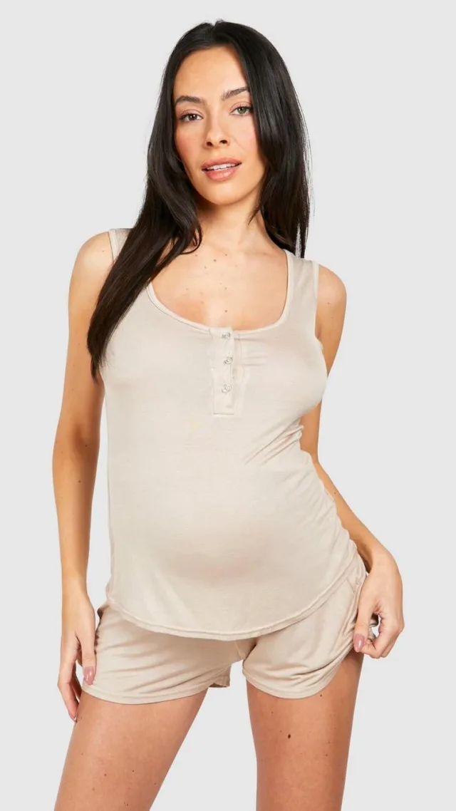 Oatmeal Maternity Button Front Tank Top And Short Pajama Set