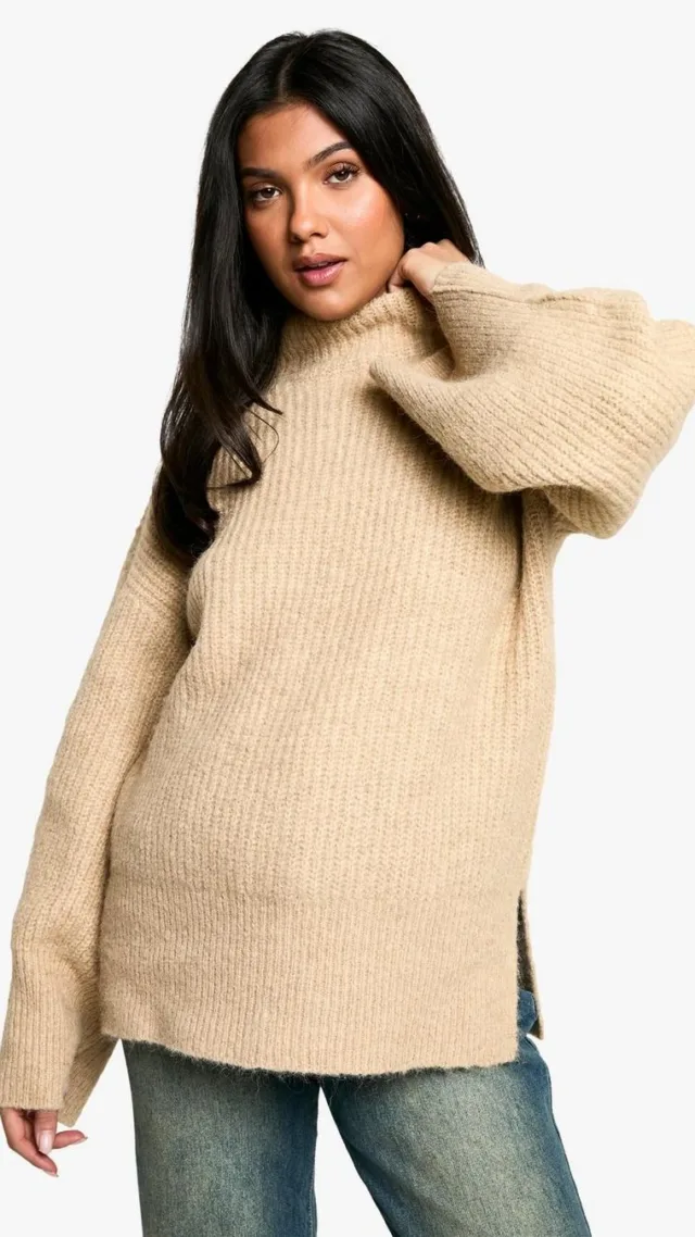 Oatmeal Maternity Oversized High Neck Knitted Sweater