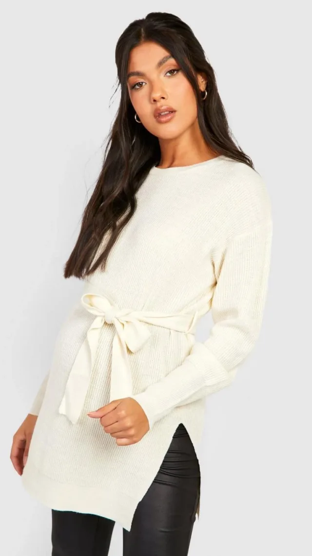 Oatmeal Maternity Side Split Knitted Tie Waist Sweater