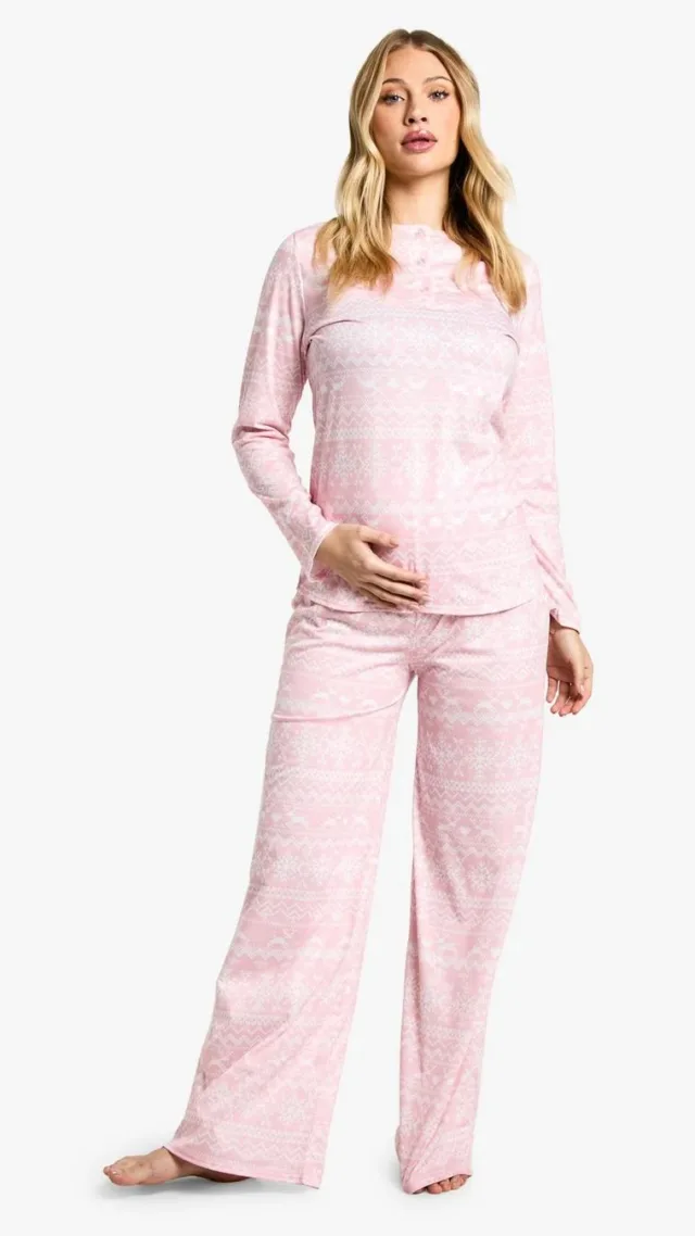 Pink Maternity Christmas Fairisle Long Sleeve Button Top & Wide Leg Pants Pj Set