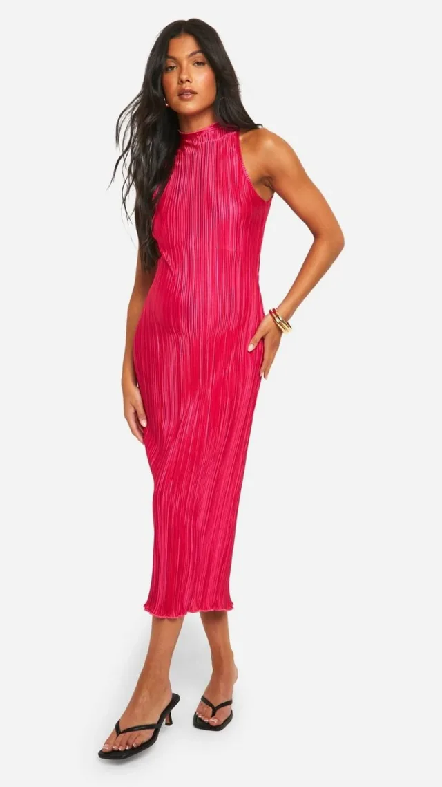 Pink Maternity Plisse Racer Neck Midi Dress