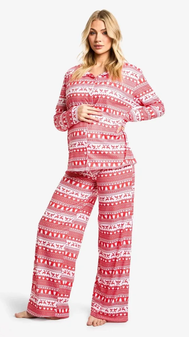 Red Maternity Christmas Fairaisle Long Sleeve Shirt & Pants Pj Set