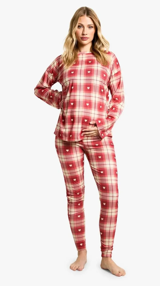 Red Maternity Christmas Love Heart Print Oversized Long Sleeve Top & Legging Pj Set