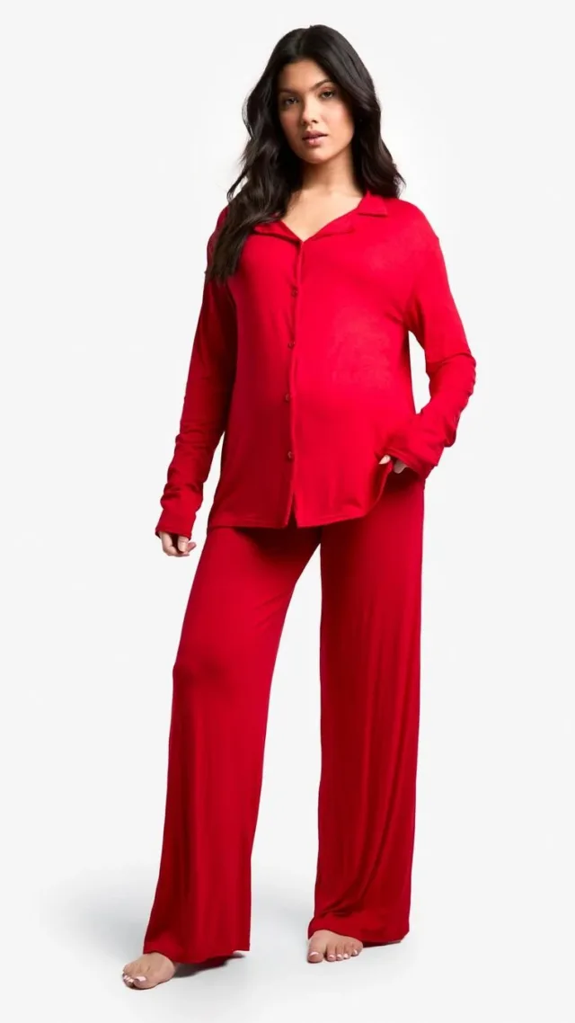 Red Maternity Long Sleeve Shirt & Trouser Pj Set