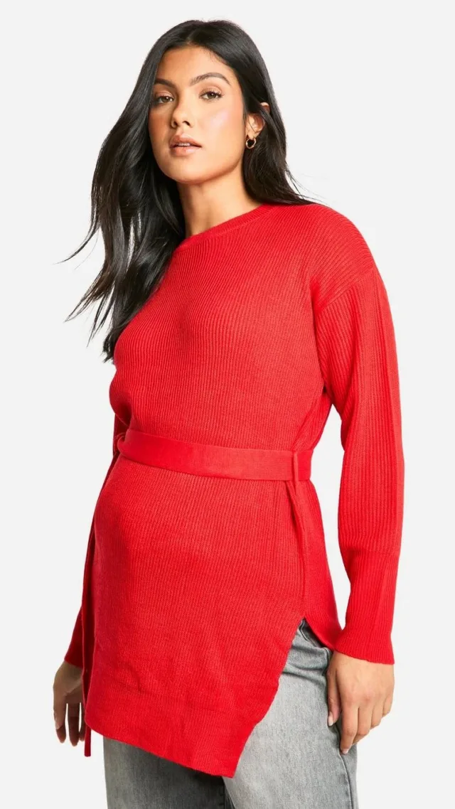 Red Maternity Side Split Knitted Tie Waist Jumper