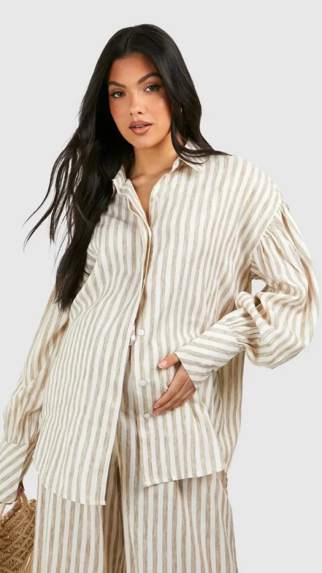 Stone Maternity Stripe Linen Look Oversized Shirt