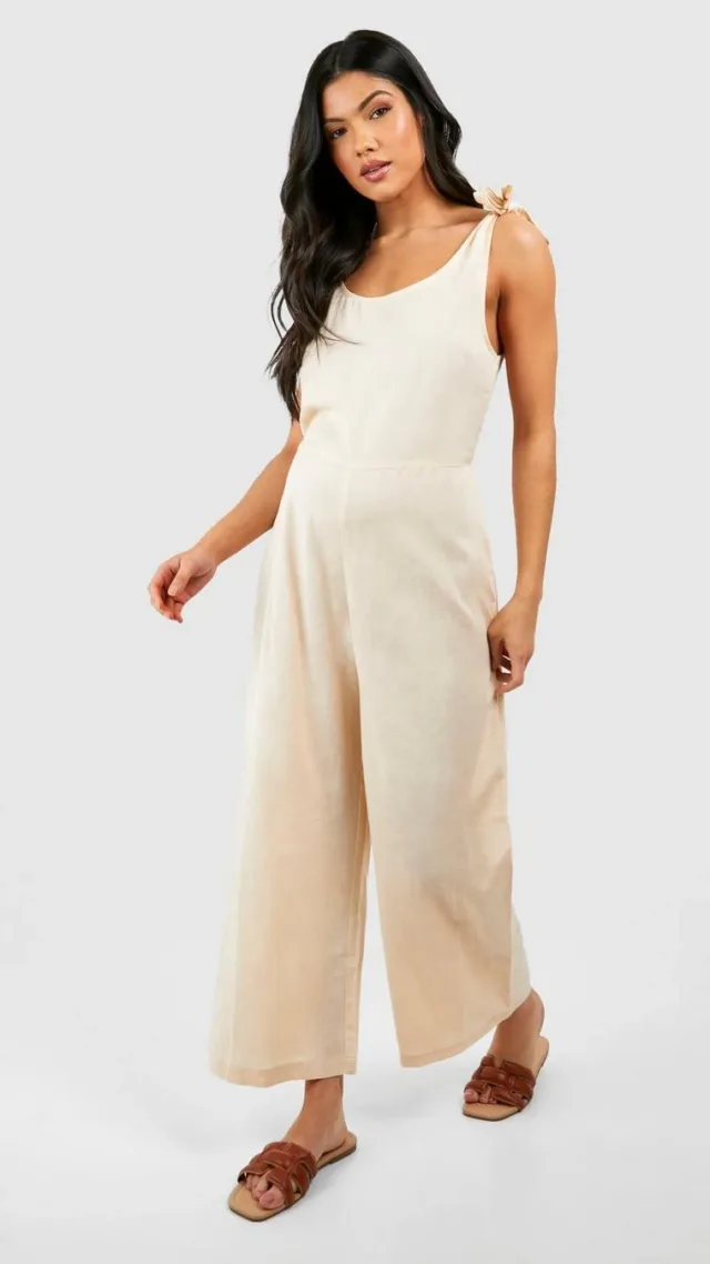 Stone Maternity Tie Shoulder Linen Look Culotte Romper