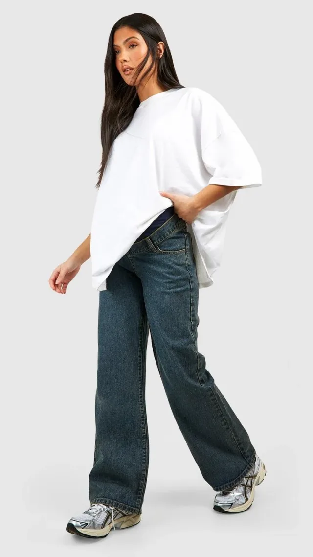 Vintage Wash Maternity Over Bump Wide Leg Jeans