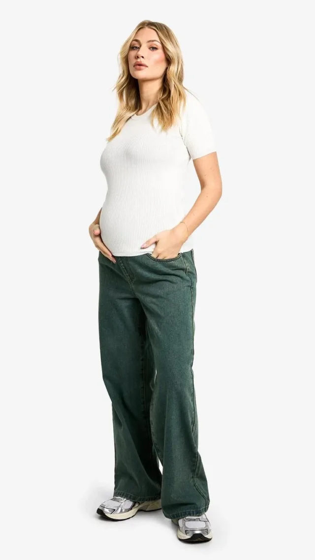 Vintage Wash Maternity Over The Bump Wide Leg Jeans