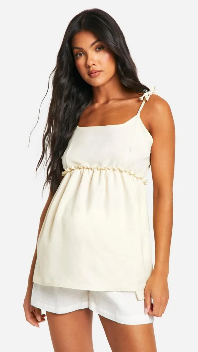 White Maternity Linen Look Strappy Cami Smock Top