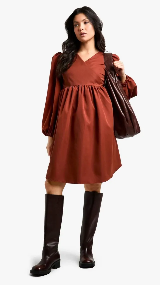 Wine Maternity Woven Long Sleeve Wrap Smock Dress