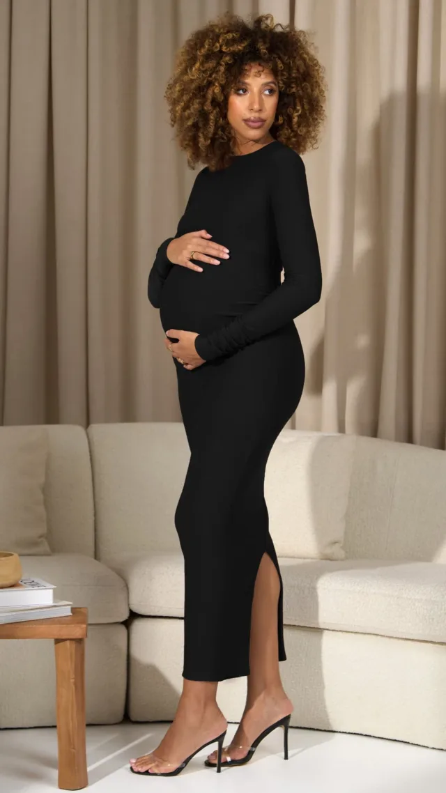 Black Bodycon Long-Sleeve Maternity Maxi Dress