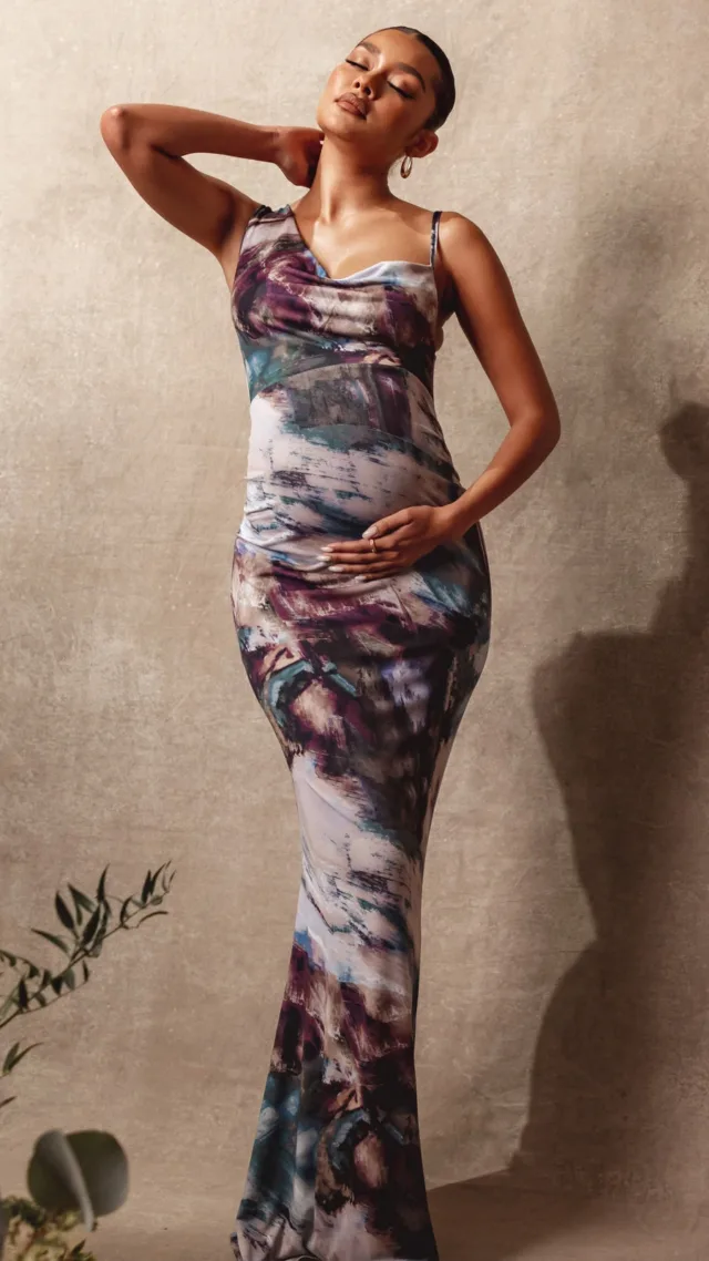 Blue Abstract Print Maternity Asymmetric Neckline Maxi Dress